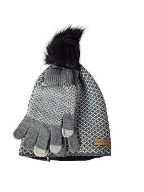 Clear Creek Gray White Knit Hat Gloves Set Faux Fur Pom One Size